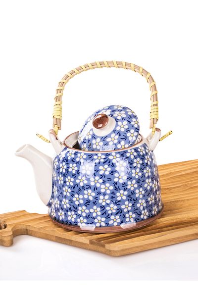 MUKKO HOME Wicker Handle Porcelain Teapot with Flower Pattern, 900ml Tea, Coffee, Herbal Tea Presentation