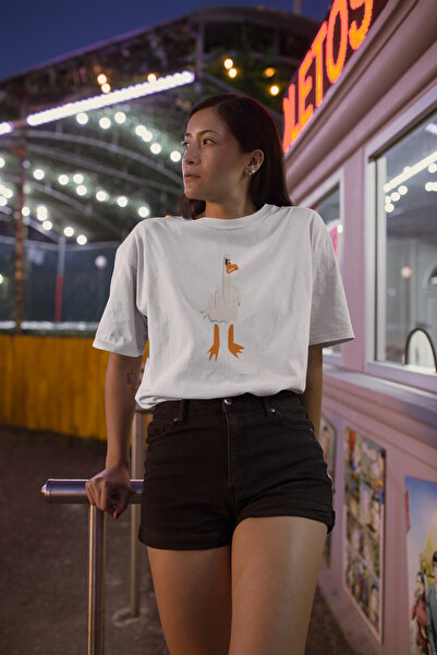 MG تي شيرت نسائي من القطن برقبة دائرية وأكمام قصيرة مطبوع عليه بطة