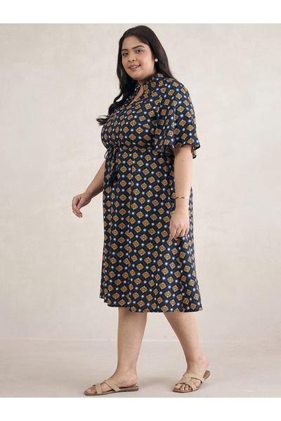 Femmella By Styli Plus Size All-Over Print Drawstring Midi Dress