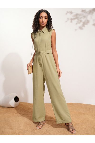 Tokyo Talkies By Styli Solid Sleeveless Collared Jumpsuit with Belt Detail