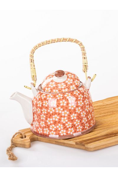 MUKKO HOME Wicker Handle Porcelain Teapot with Flower Pattern, 900ml Tea, Coffee, Herbal Tea Presentation