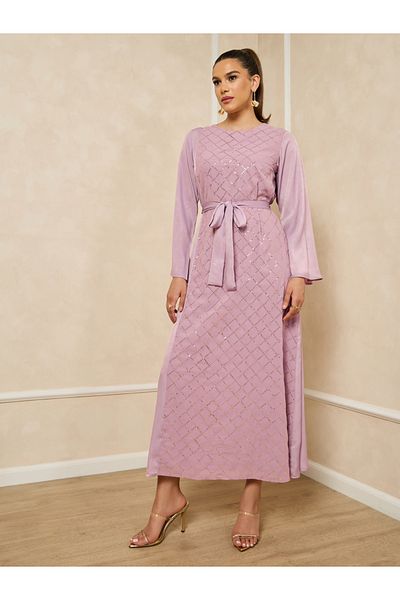 Styli Sequins Embellished Round Neck A-Line Jalabiya with Belt