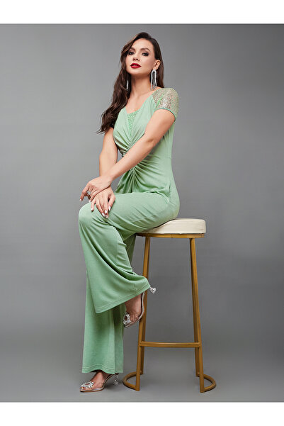 Styli Embellished Ruched Detail Wide Leg Jumpsuit