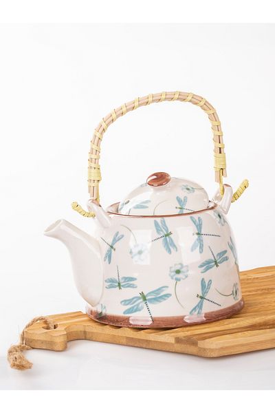 MUKKO HOME Decorated Wicker Handle Porcelain Teapot 900ml - Tea, Coffee, Herbal Tea Presentation