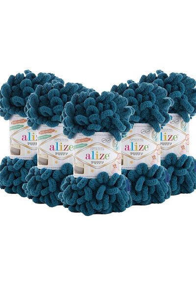 Alize Puffy 646 Pachet 5 Fire pentru tricotat manual - 646 Petrol - 100 Gr. 9 Mt. Snur de tricotat cu degetele