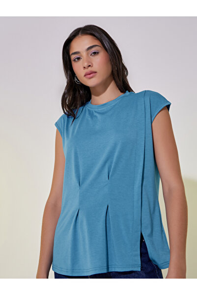 Take Two By Styli Solid Round Neck Sleeveless T-Shirt with Pintuck Detail