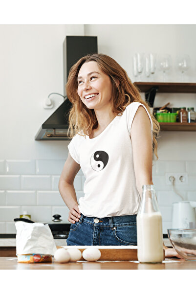 MG تي شيرت نسائي مطبوع برقبة دائرية من القطن مقاس كبير وأكمام قصيرة من YIN YANG