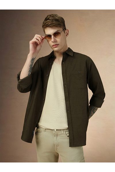 Dennis Lingo By Styli Solid Relaxed Fit Spread Collar Shirt with Pocket