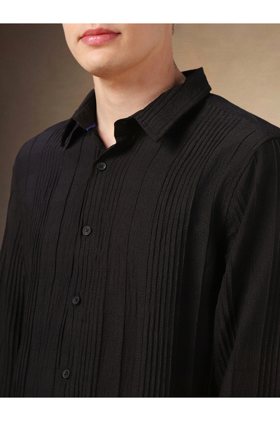 Dennis Lingo By Styli Regular Fit Spread Collar Textured Shirt with Pintuck Detail