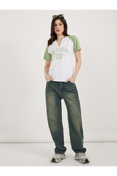 Styli Cotton Stretch Los Angeles Graphic Raglan Sleeves T-Shirt