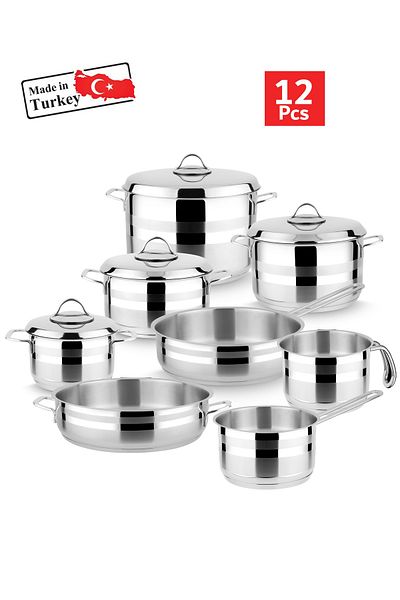Top Chef 12 Piece Cookware Set Stainless Steel 18/10 Turkey Made Silver