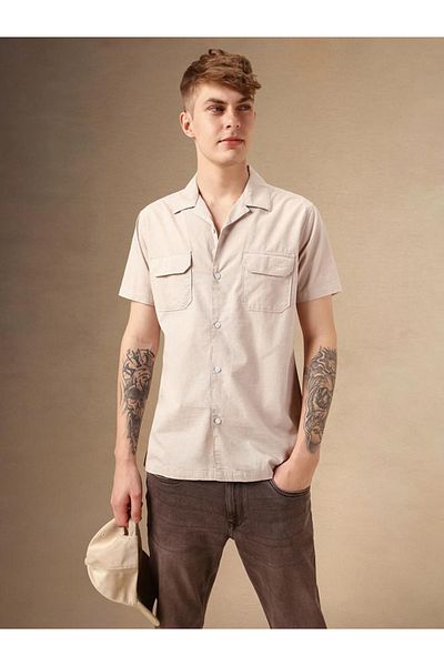 Dennis Lingo By Styli Solid Relaxed Fit Spread Collar Shirt with Pocket