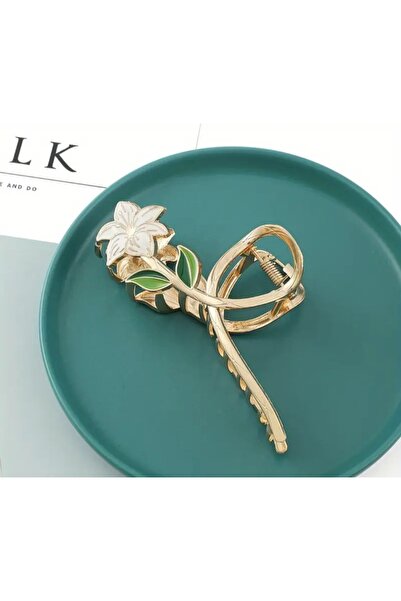 TREND White Lily Flower Detailed Gold Metal Latch Buckle