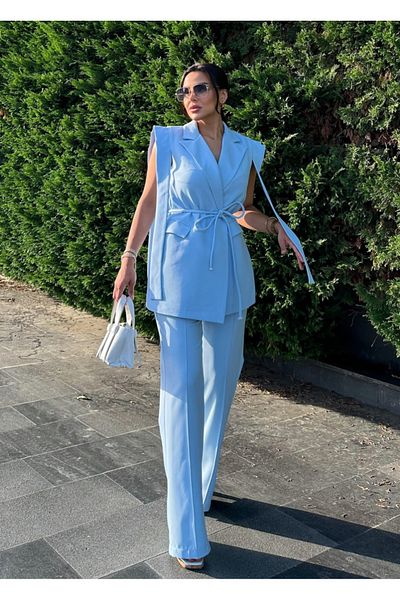 pembekurdelem Blue Women's Tie-Up Vest Pants Suit