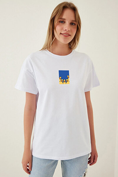 HOFFNUNG Γυναικείο βαμβακερό μπλουζάκι με στάμπα με λαιμόκοψη με λαιμόκοψη