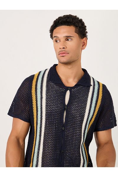 Styli Striped Open Crochet Knit Relaxed Shirt