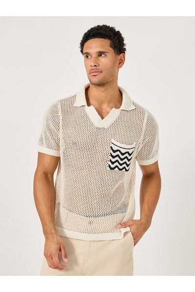 Styli Contrast Pocket Relaxed Crochet Knit Polo
