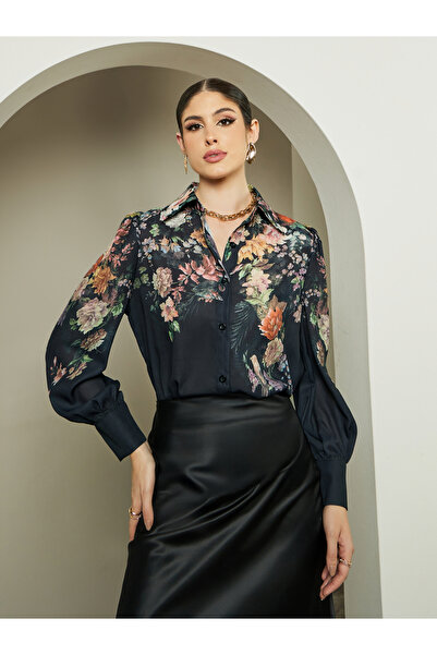 Styli Floral Print Balloon Sleeve Spread Collar Shirt