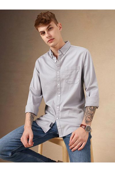 Dennis Lingo By Styli Solid Relaxed Fit Spread Collar Shirt with Pocket