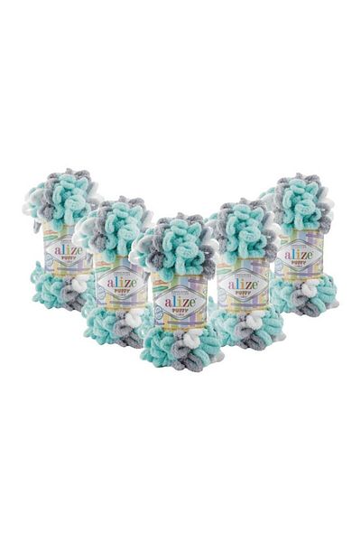 Alize Pack of 5 Puffy Color Hand Knitting Yarn - Aqua Green Grey, 100 Gr., 9 Mt. Finger Knit Lanyard