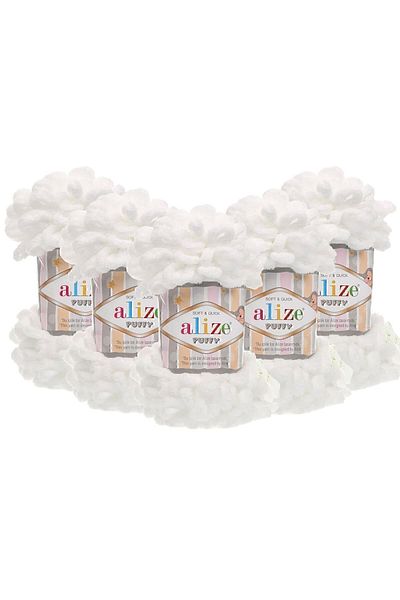 Alize Puffy pachet de 5 - 55 alb - 100 Gr.9 Mt.finger Snur împletit