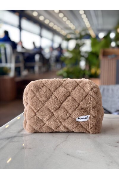 Batekso Milky Brown Plush Makeup Bag - Large Size