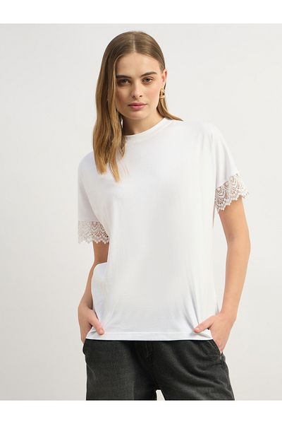 Styli Lace Insert Round Neck Boxy Fit T-Shirt