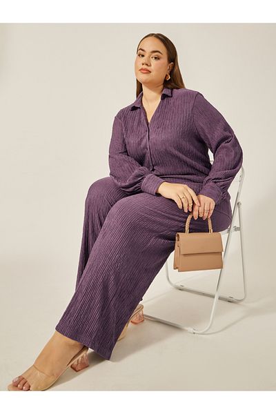Styli Plus Size Textured Mid-Rise Wide Leg Pants