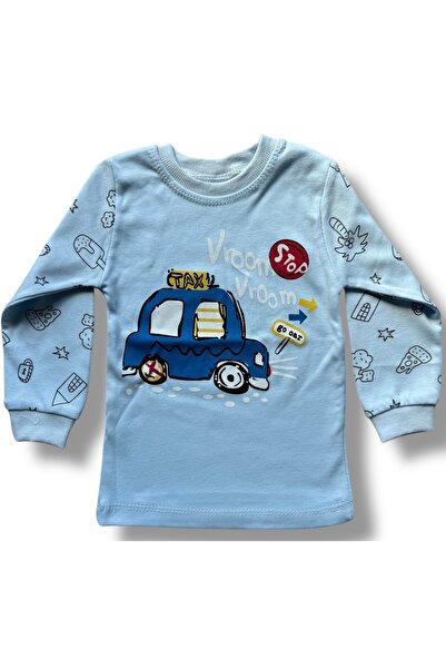 Süpermini Erkek Çocuk Taksi Arabalı Pamuklu Lastikli Mavi Renk Pijama Takımı ( 1 Adet Çorap Hediyeli )