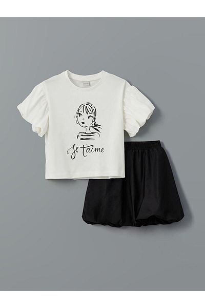 LC Waikiki Lcw Kids Ecru Crew Neck Girls T-Shirt and Skirt