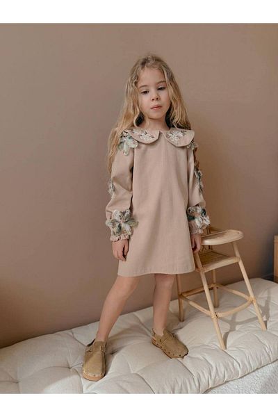 ARBİ kids Момиче, дете, цветя, апликирани ръкави, яка, детайли, стилна рокля за Байрам