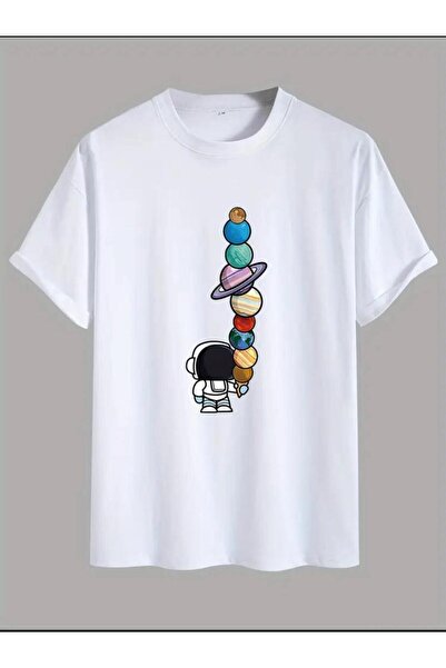 caddekombin Astronaut Printed Men's Cotton Combed Crew Neck White T-Shirt