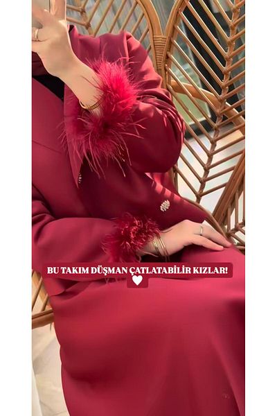 Uçan Fil Burgundy Rose Hijab Double Skirt Jacket Set
