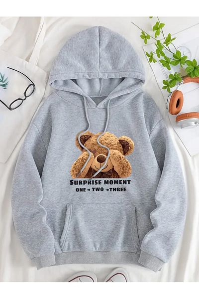 NEW TRENDY COLLECTİON Trden 女式可爱小熊和字母印花连帽衫