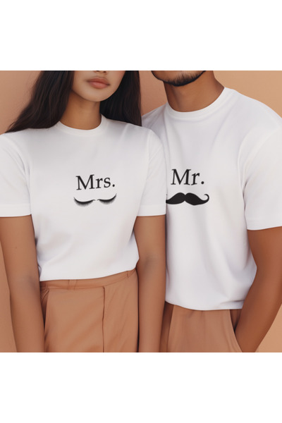 MG Mr Mrs Printed Lover Set Cotton Oversize Fit T-Shirt with Crew Neck (1 Wom...