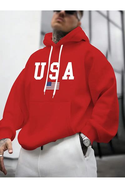 NEW TRENDY COLLECTİON Мъжки суитшърт с дълъг ръкав и качулка с шарка на американското знаме