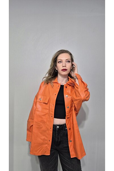 LONCA Metal Düğmeli Turuncu Deri Gömlek