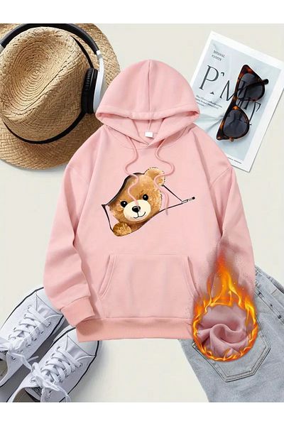 NEW TRENDY COLLECTİON Γυναικεία φούτερ με κουκούλα casual με στάμπα καρτούν αρκούδας