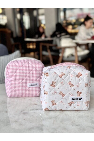 Batekso Set of 2 Pink Teddy Bear and Pink Square Patterned Makeup Bag - Small Size
