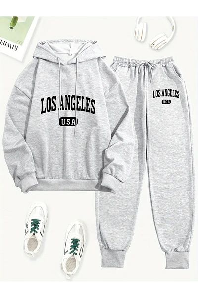 NEW TRENDY COLLECTİON Women S Casual 2 Piece Set, Los Angeles Usa Printed Hoodie and Sweatpants