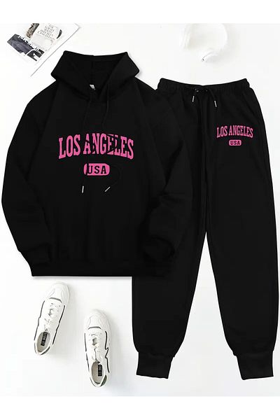 NEW TRENDY COLLECTİON Комплект от две части, щампа на буквите Los Angeles USA, суитшърт с качулка и панталон с дълъг ръкав