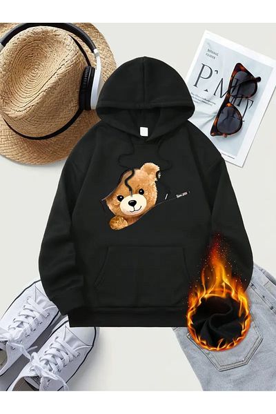 NEW TRENDY COLLECTİON Дамски ежедневен суитшърт с качулка и щампа на анимационно мече