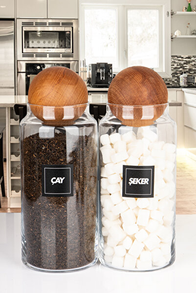 naturelove 2'li Ahşap Top Kapaklı Çay ve Şeker Kavanozu Saklama kabı Cam 1400 ML