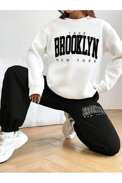 NEW TRENDY COLLECTİON Елегантен дамски комплект от суитшърт и джогинг - с буквен принт, кръгло деколте, дълъг ръкав