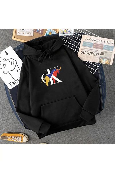 NEW TRENDY COLLECTİON Мъжка тениска с качулка, черна, улична, с принт на буквата „CK“, с принт „Кенгуру“
