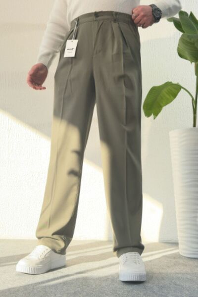 hello7 Baggy Çağla Yeşili Çift Pileli Pantolon Esnek Rahat Kalıp Yeni Sezon