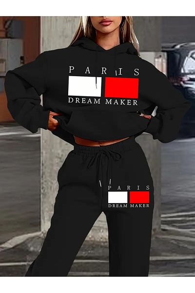 NEW TRENDY COLLECTİON 2025 Trend Paris Inspired Letters Printed Women's Hoodie & Jogger Set