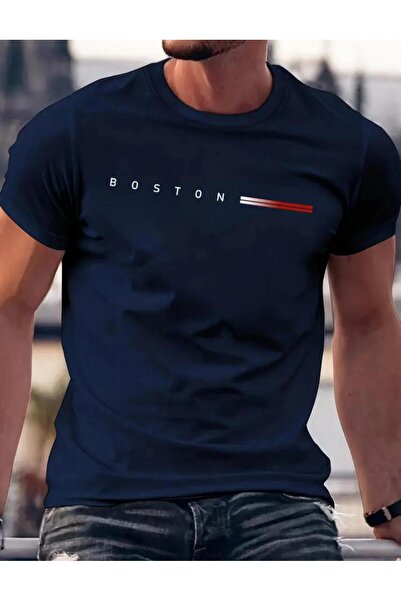 caddekombin Boston Printed Men's Cotton Combed Crew Neck Navy Blue T-Shirt