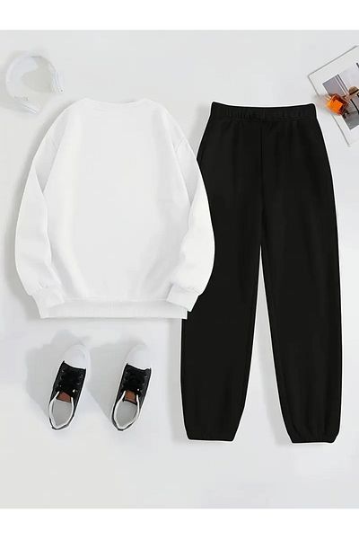 NEW TRENDY COLLECTİON Елегантен дамски комплект от суитшърт и джогинг - с буквен принт, кръгло деколте, дълъг ръкав