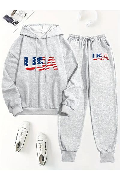 NEW TRENDY COLLECTİON Casual Usa Print Pantsuits, Long Sleeve Drawstring Hooded Sweatshirt